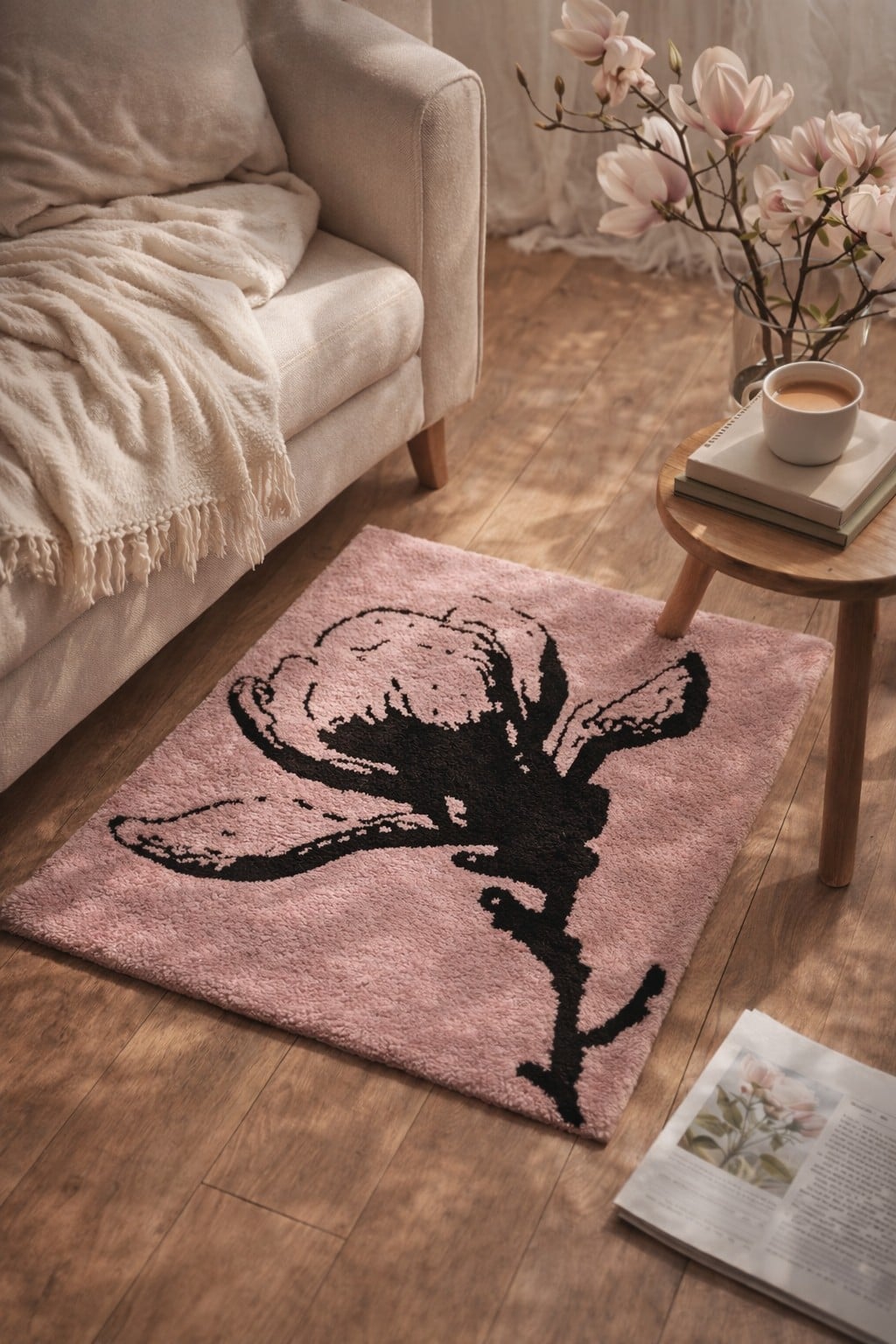 Handgetuft vloerkleed 60x75 cm – Magnolia bloem, lichtroze, 100% wol - 123071 Handgetuft vloerkleed 60x75 cm – Magnolia bloem, lichtroze, 100% wol