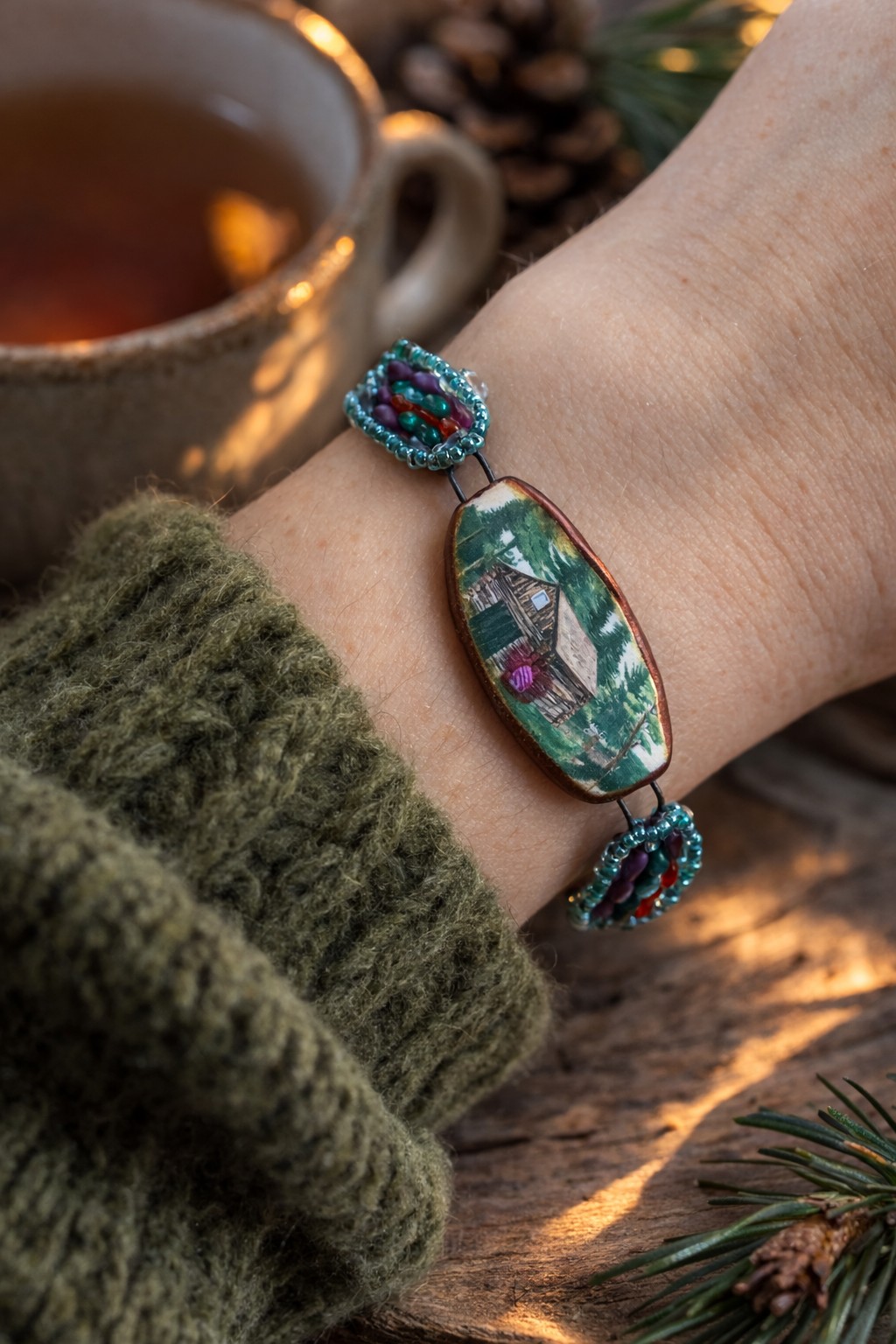 Rust & Natuur, berghut armband met keramiek focal - 118153 Rust & Natuur, berghut armband met keramiek focal