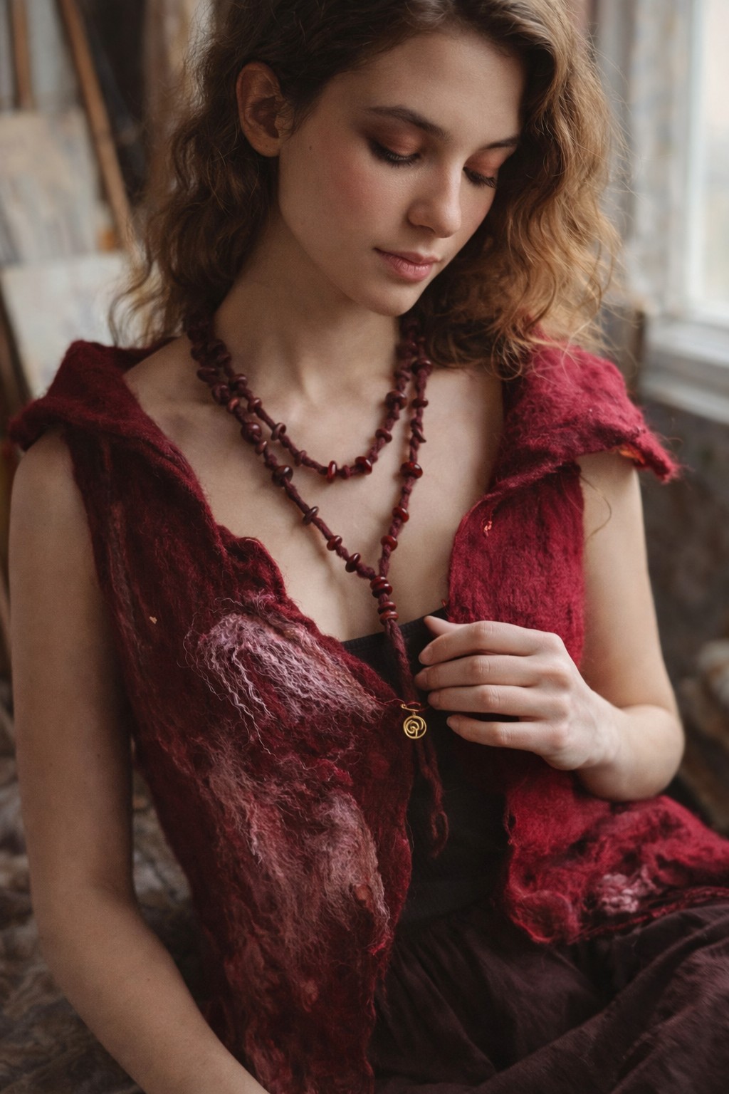 Handgemaakte  ketting bourgogne – boho statement ketting van wol – one of a kind