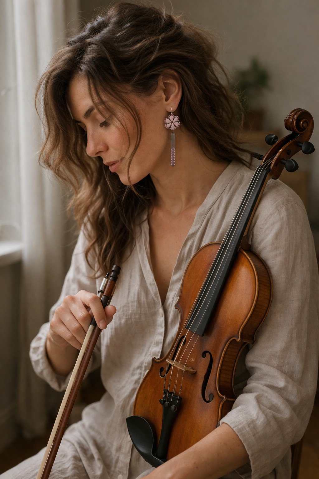 Poëtisch & Poederroze, oorbellen met kralenbloem en enamel hanger