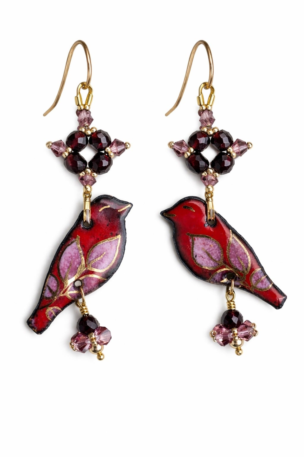 Roodborstje & Lentebloesem, handgemaakte vogel oorbellen met granaat en goud