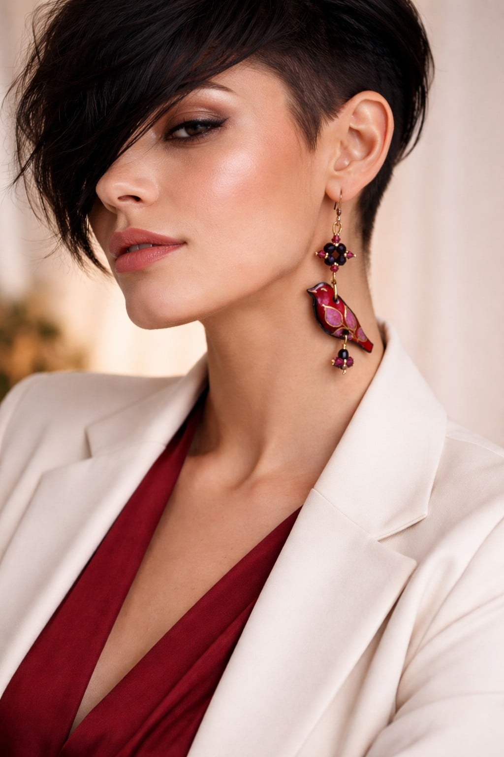 Roodborstje & Lentebloesem, handgemaakte vogel oorbellen met granaat en goud