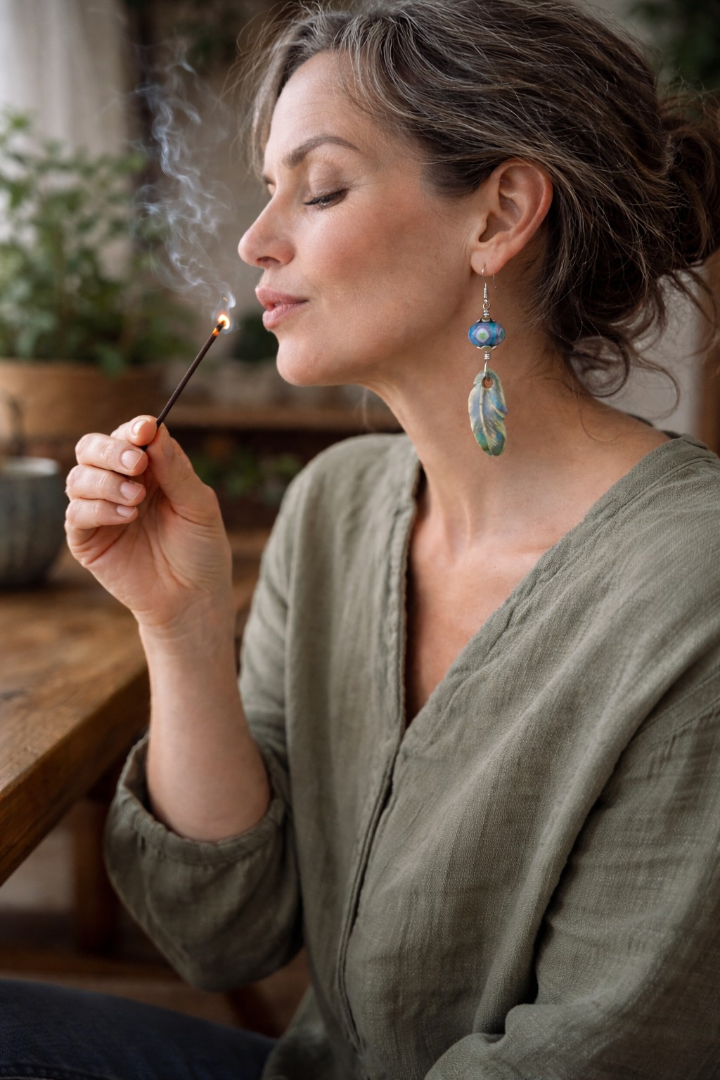 Rust & Spiritueel, veren oorbellen met lampwork glas en keramiek