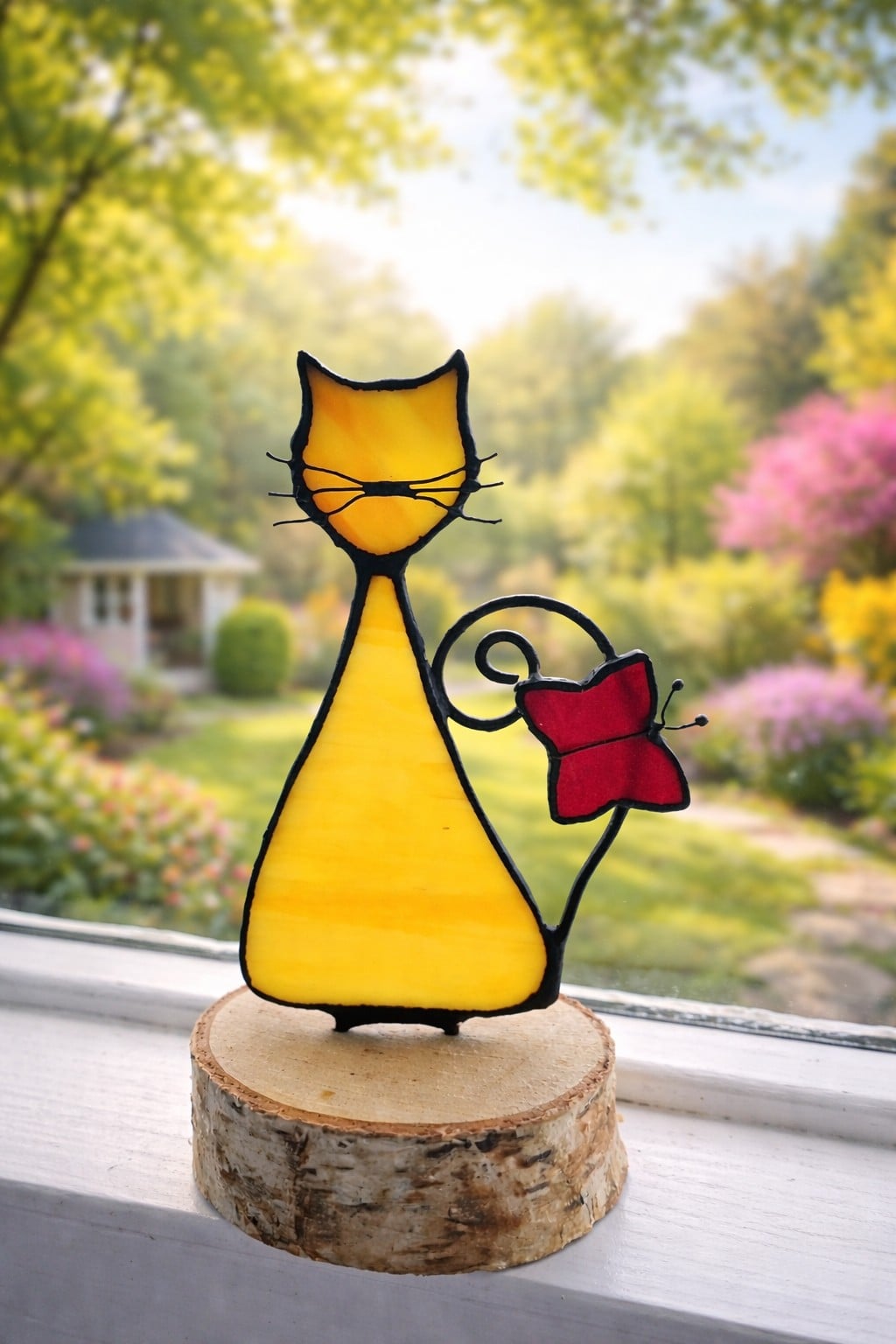 Gemberkleurige kat met houten standaard | Glas-in-lood | Handgemaakt | Tiffany technique