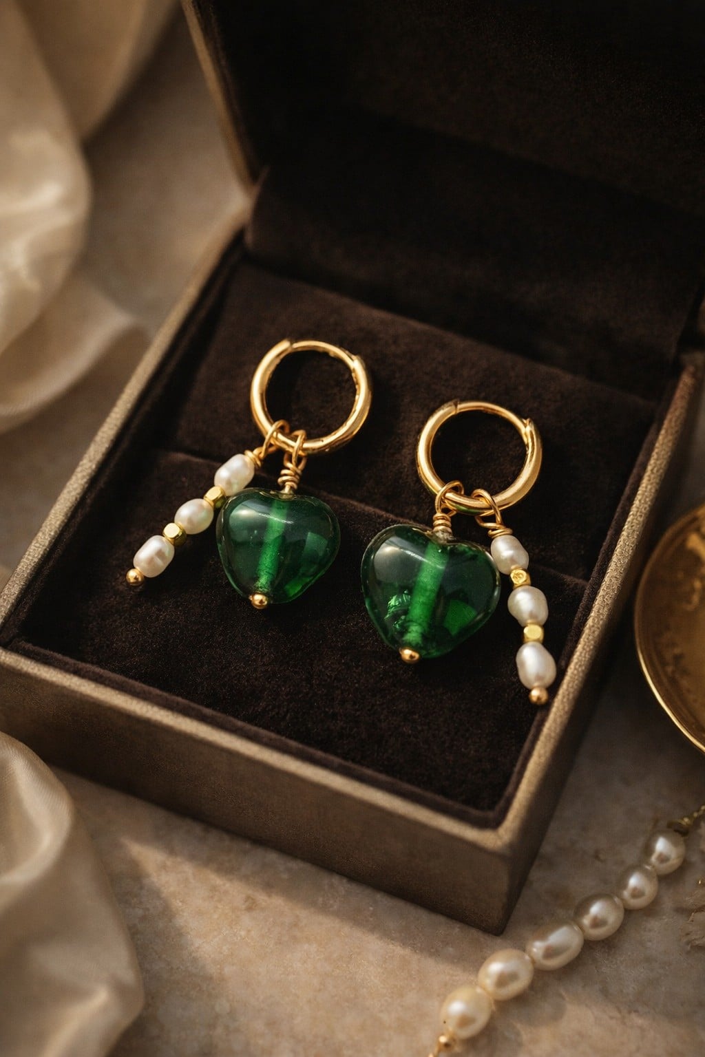 Delbar-e Sabz | oorbellen met groene glazen hartjes en parels - 142506 Delbar-e Sabz | oorbellen met groene glazen hartjes en parels