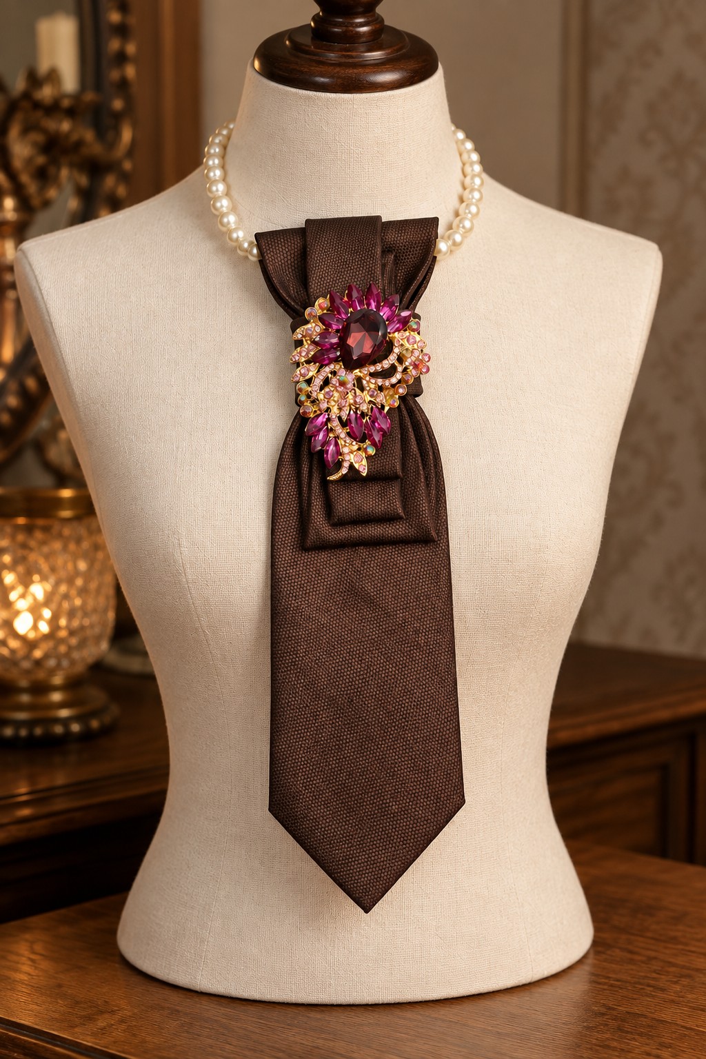 Eye catcher - handgemaakte stropdasketting bruin | Statement tie neck… - 152022 Eye catcher - handgemaakte stropdasketting bruin | Statement tie necklace | Upcycled tie jewelry
