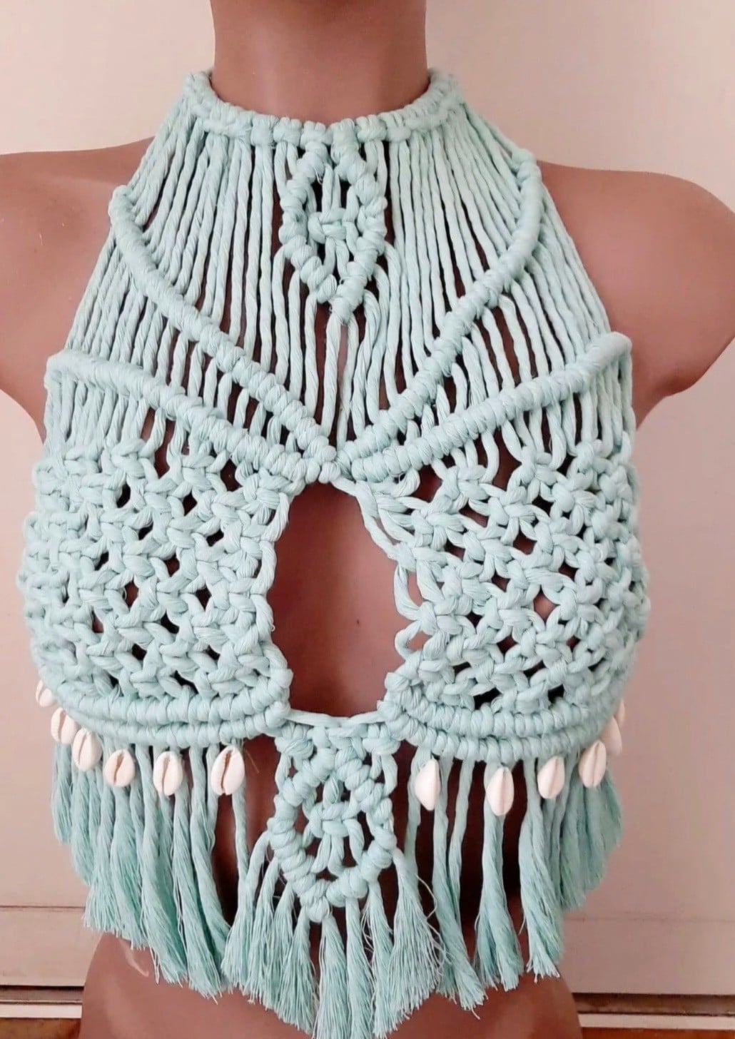 Macrame topje, turquoise. - 127929 Macrame topje, turquoise.