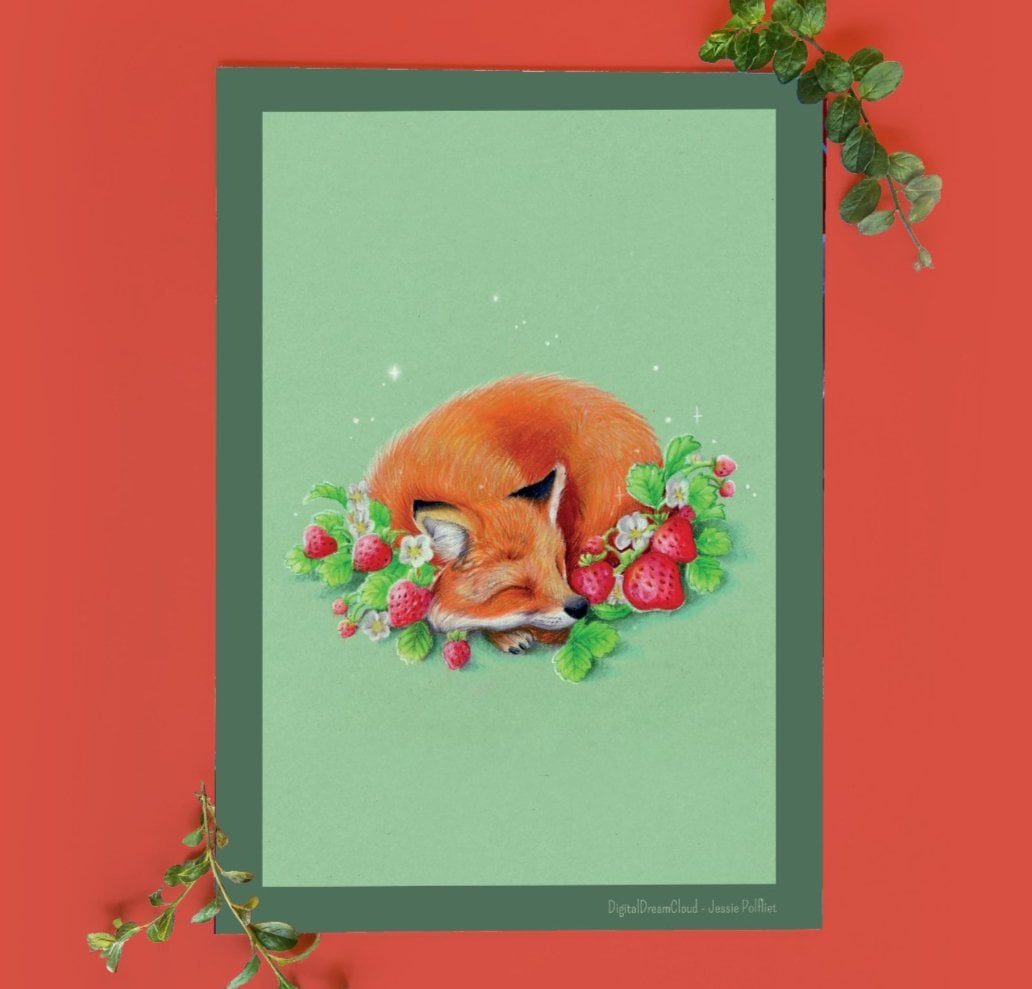 Foxy strawberries, vos illustratie, art print, 14,8x21 cm(5,8x8,2 inch)