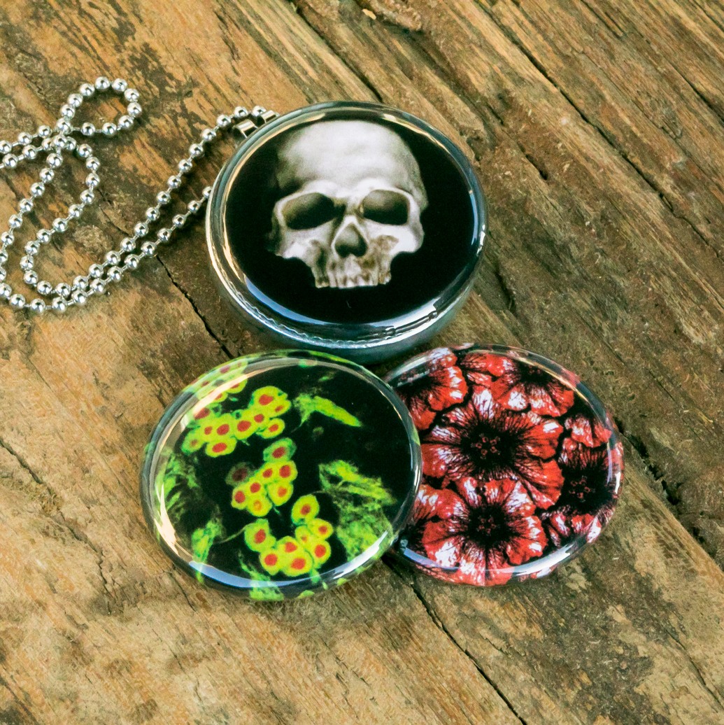 Roestvrij stalen fotomedaillon ketting met drie verschillende verwiss… - 91270 Roestvrij stalen fotomedaillon ketting met drie verschillende verwisselbare voorkanten met foto`s van griezelige halloween items,spooky halloween ketting.Rvs/roestvrij stalen fotomedaillon.