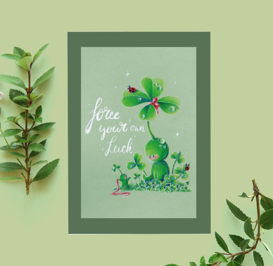 Wens kaart verjaardag A6 Force your own luck klavertje vier