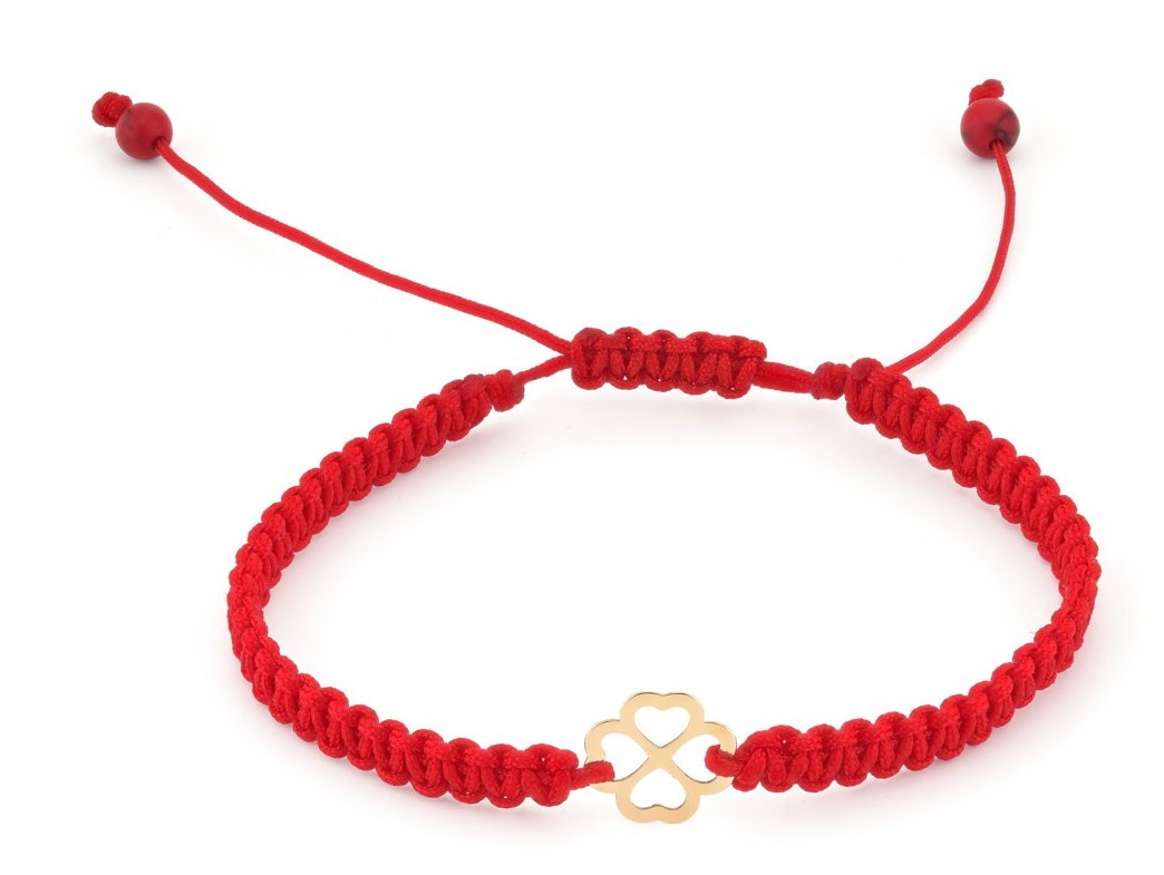 Koord armband met 14 karaat geelgouden klaver - 54360.jpeg Koord armband met 14 karaat geelgouden Klaver bedel