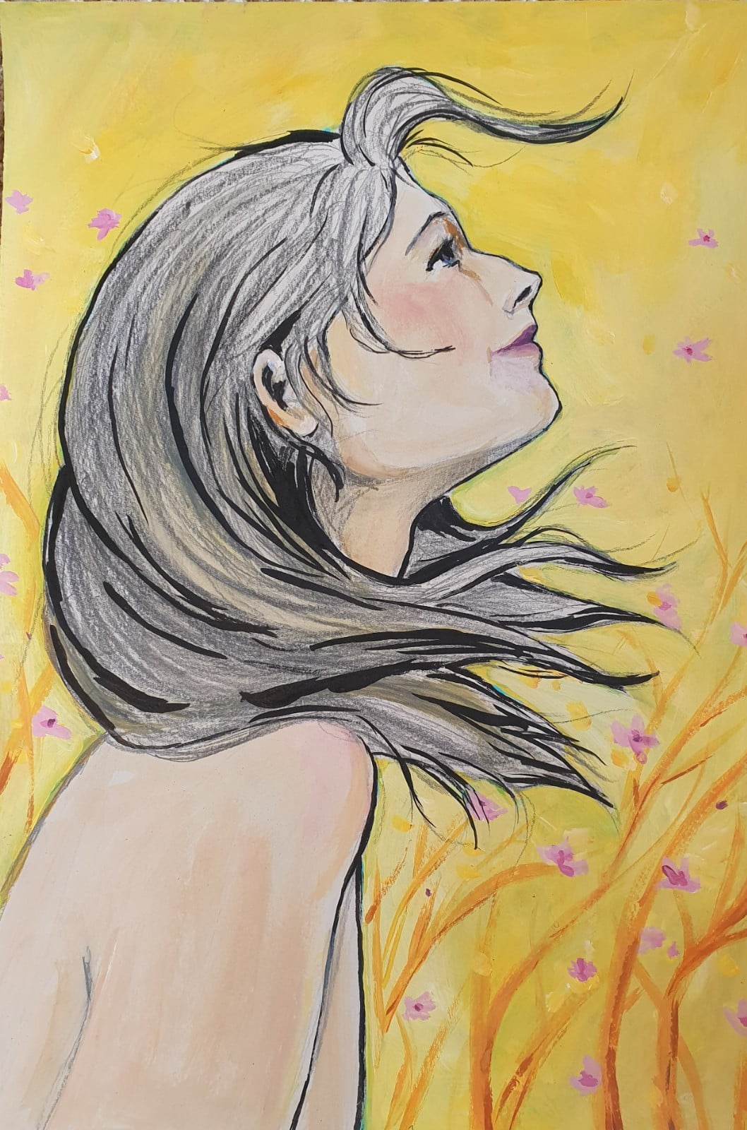 Kunstprint A3 – Dromerig Portret van een Vrouw | Mixed Media Schild… - 107351 Kunstprint A3 – Dromerig Portret van een Vrouw | Mixed Media Schilderij in Geel & Oranje modern, figuratief. Mens, naakt