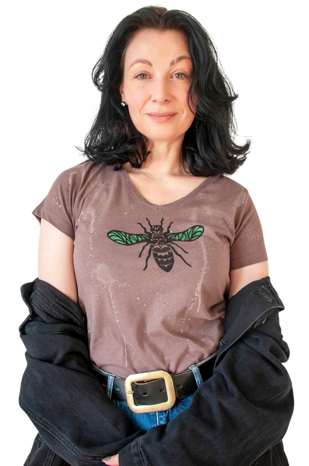 Hand Bedrukt Dames T-shirt, Bruin, Geometrisch Insect - 148920 Hand Bedrukt Dames T-shirt, Bruin, Geometrisch Insect
