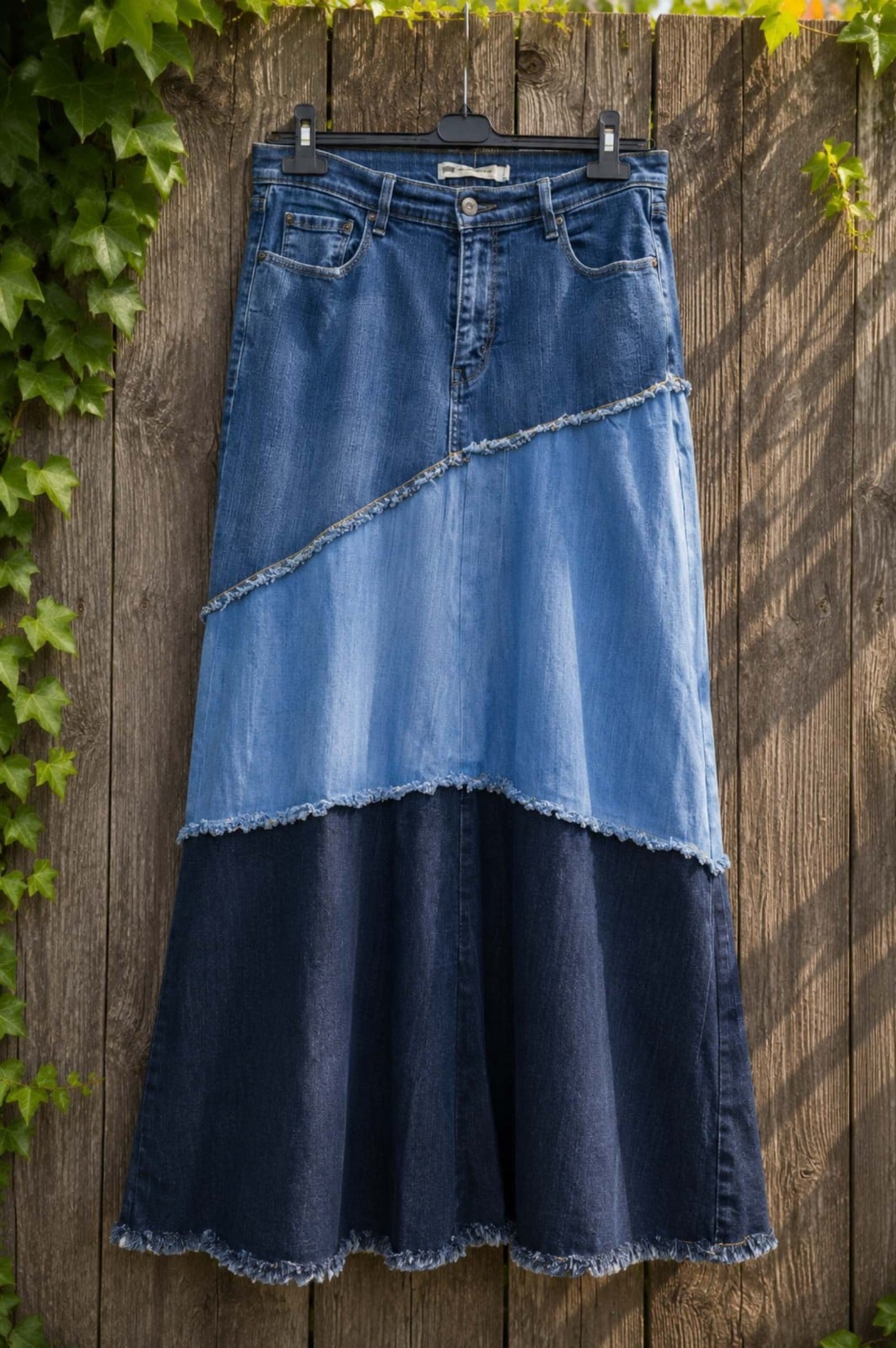 Upcycled Denim Maxi Rok – Boho Patchwork – One of a Kind - 153334 Upcycled Denim Maxi Rok – Boho Patchwork – One of a Kind