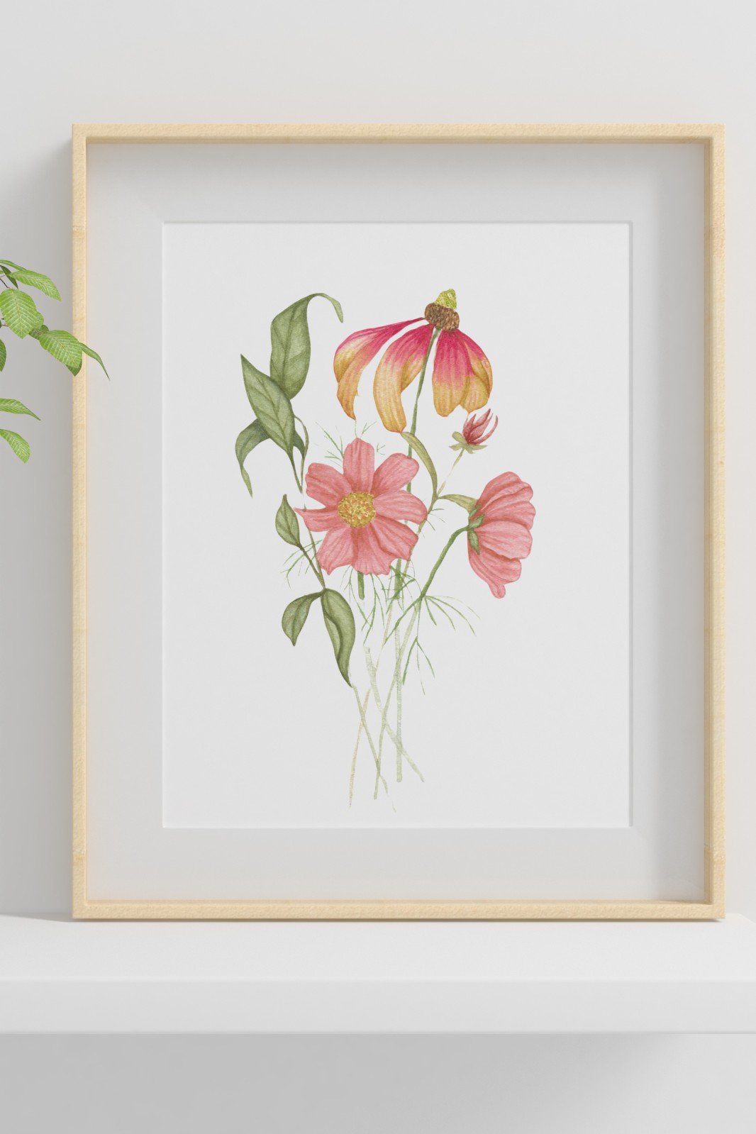 Veldboeket - 100186 Art print A4 van roze bloemen in subtiel aquarel - Veldboeket