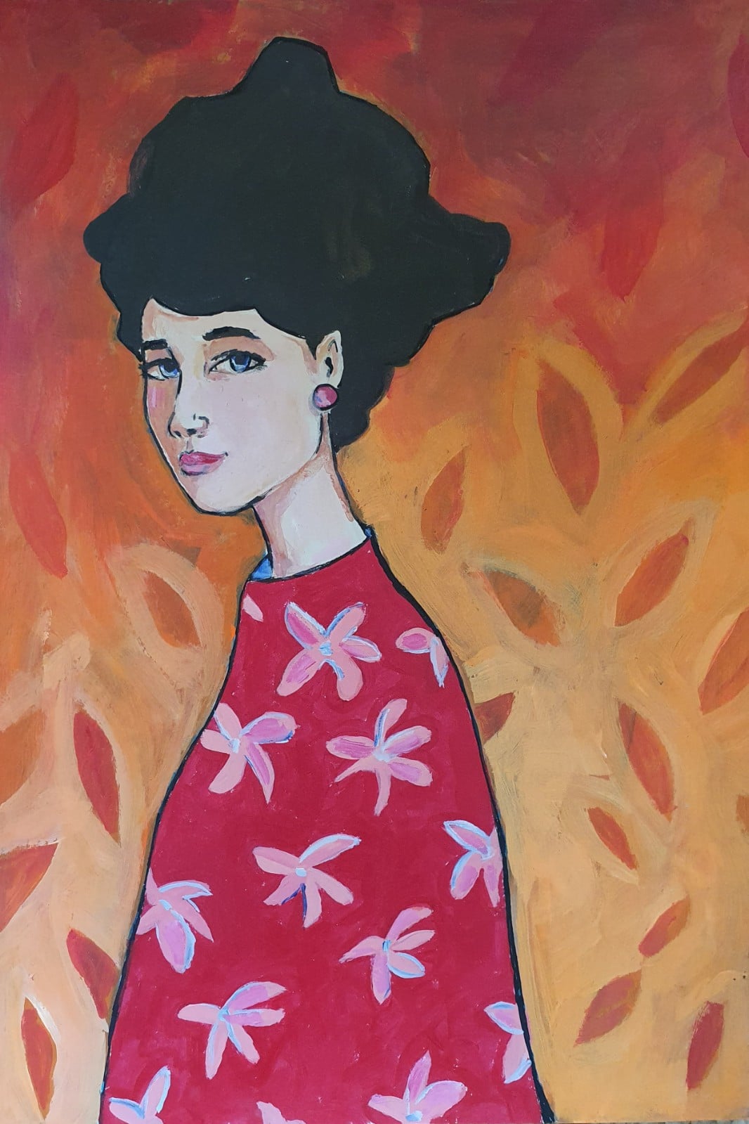 fire girl A3 Kunstprint – Vurig Vrouwenportret in Rode Tinten | Acryl Schilderij met Bloemenmotief