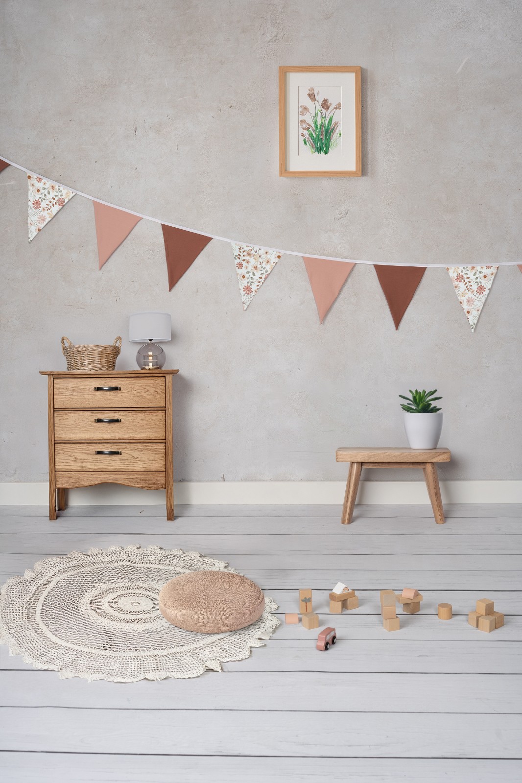 Vlaggenlijn Peachy Blossom - Double Pink | Pastel kleur (Roze / Beige / Neutraal / Aarde tinten) met bloemen slinger met driehoek vlaggetjes gemaakt van stof