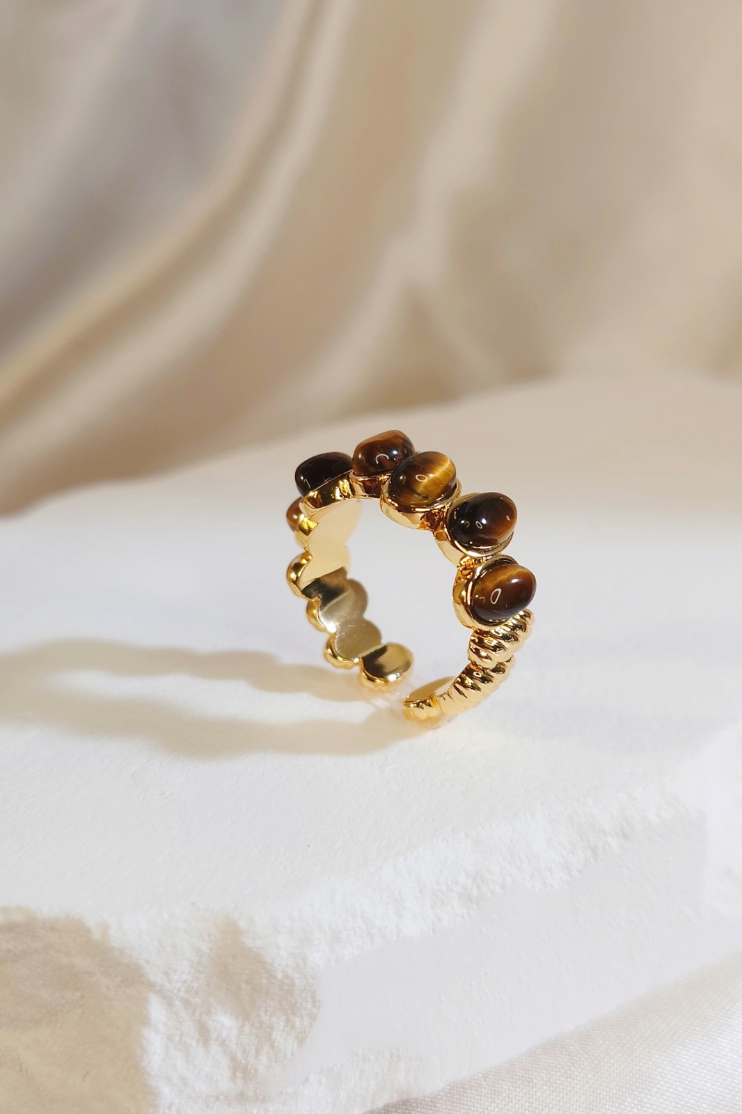 18K Vergulde Verstelbare Ring met Natuurlijke Tijgeroog