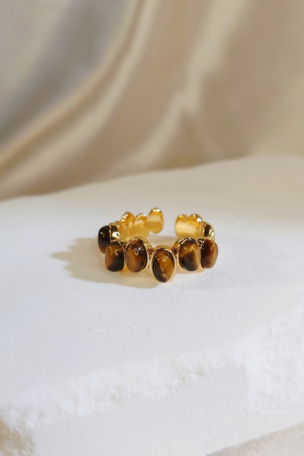 18K Vergulde Verstelbare Ring met Natuurlijke Tijgeroog