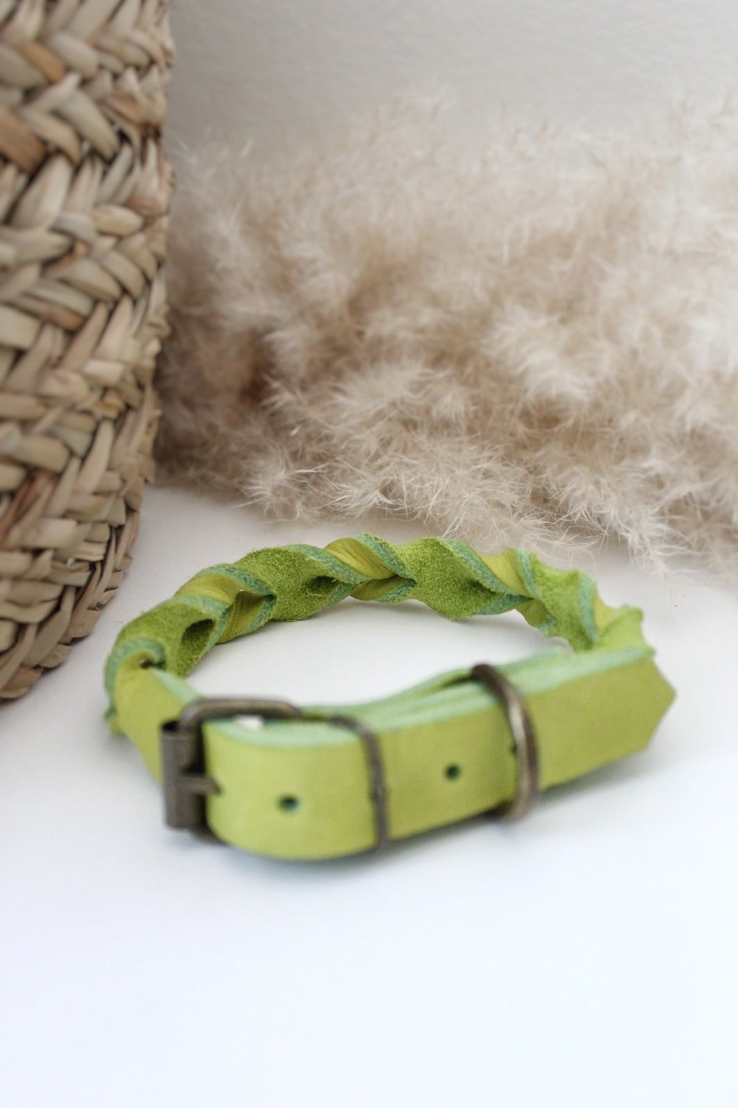 Lime Vetleer Halsband | Subtiele vlecht | Maat S 27-34 cm - 130255 Lime Vetleer Halsband | Subtiele vlecht | Maat S 27-34 cm