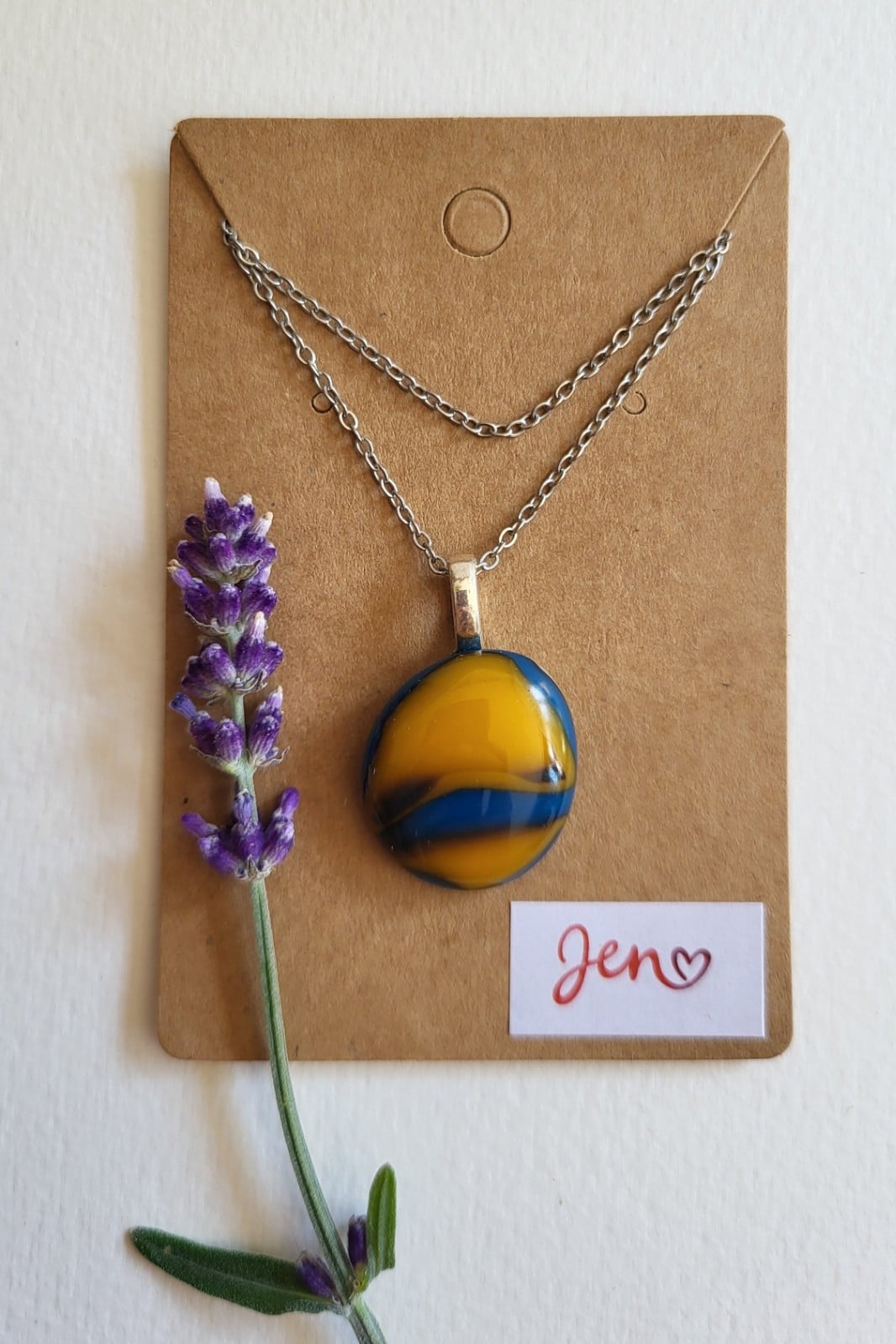 RVS ketting met uniek Blauw en Oranje glas hanger - 140607 RVS ketting met uniek Blauw en Oranje glas hanger