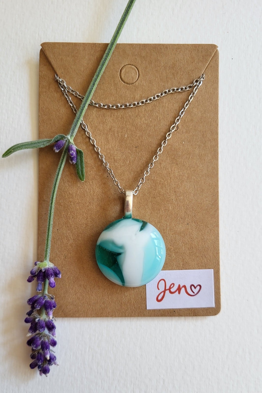 RVS ketting met uniek "Cayo Sal Herinneringen" glas hanger
