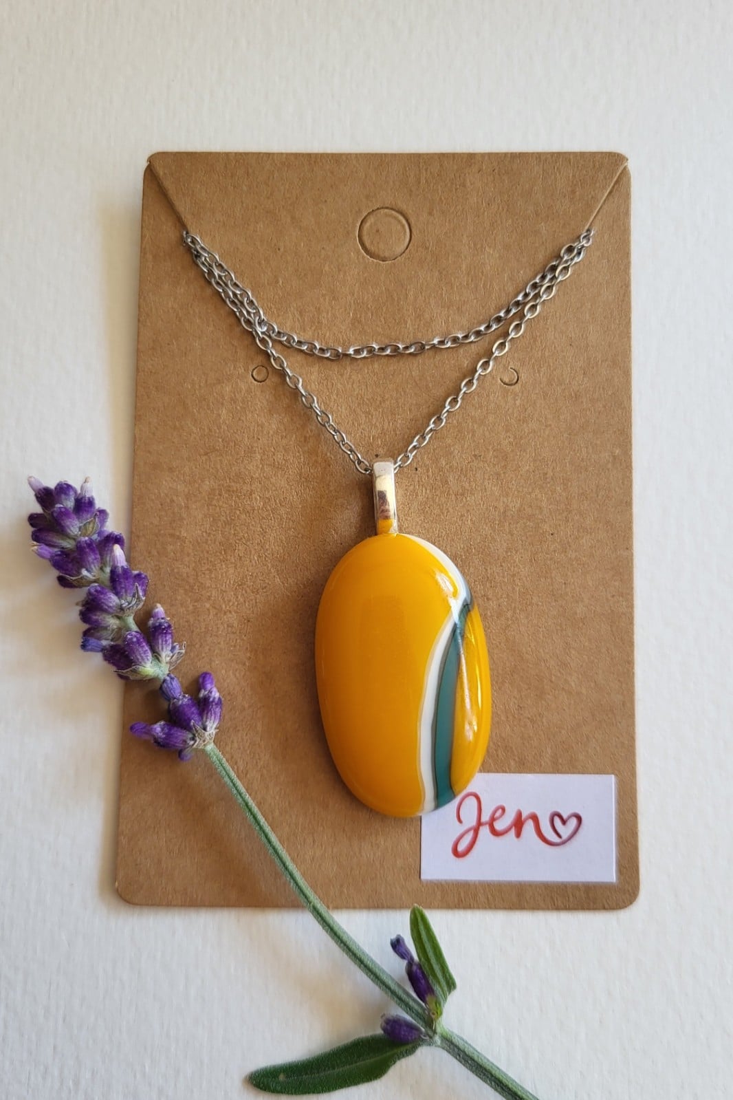 RVS ketting met uniek "Golden Tide 004" glas hanger - 140624 RVS ketting met uniek "Golden Tide 004" glas hanger