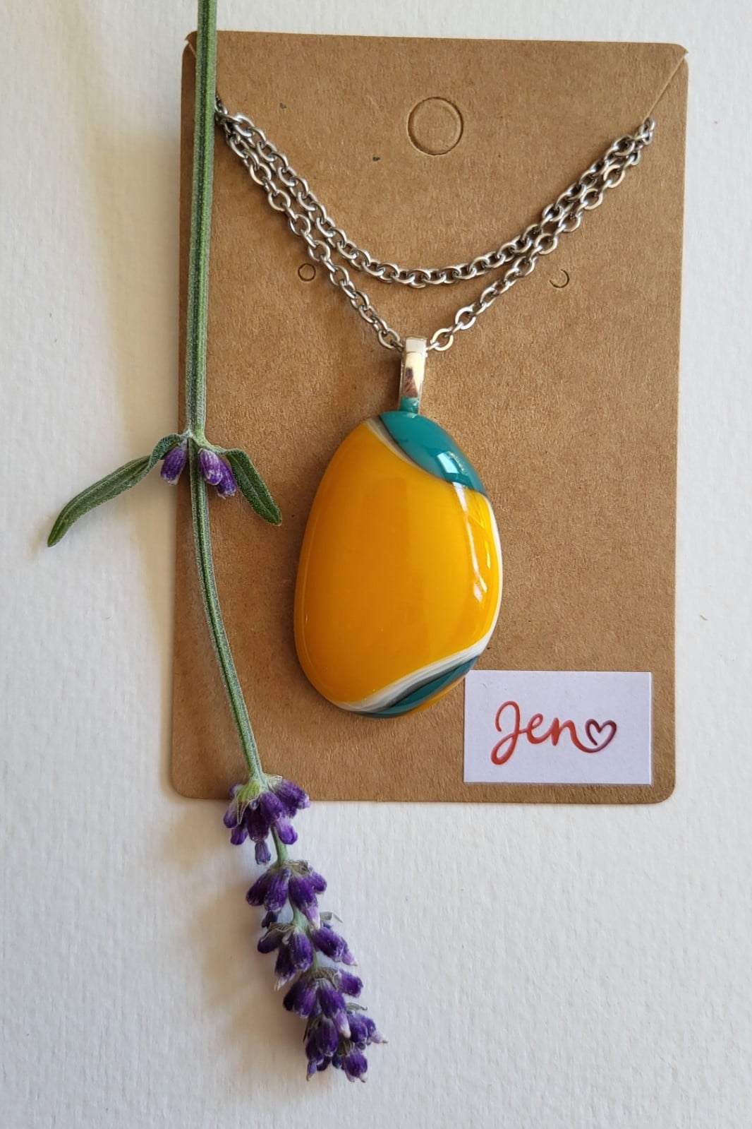 RVS ketting met uniek "Gouden Tij 001" glas hanger - 140609 RVS ketting met uniek "Gouden Tij 001" glas hanger