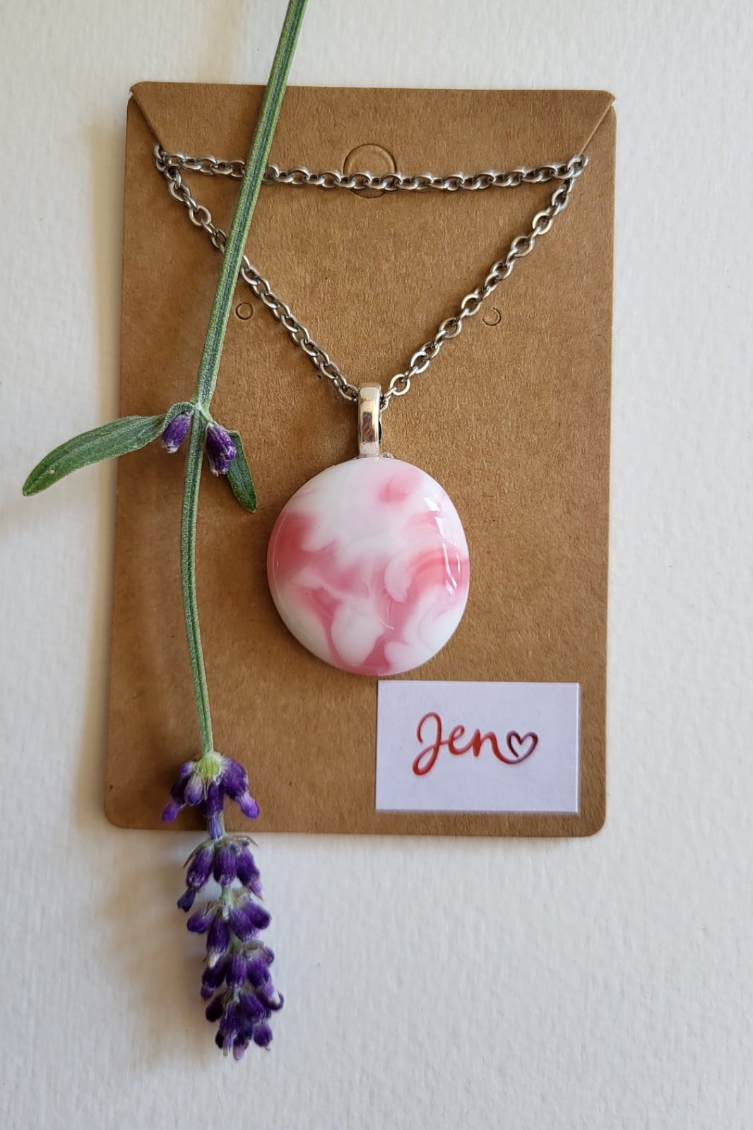 RVS ketting met uniek "Roze Wolk" glas hanger - 140612 RVS ketting met uniek "Roze Wolk" glas hanger