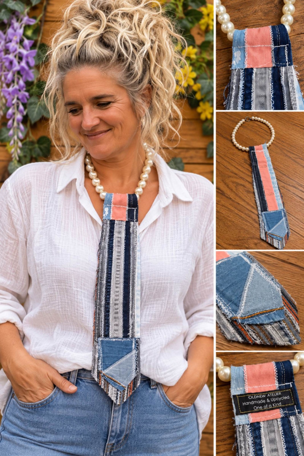 Upcycled Denim Ketting-Stropdas met Parels – One of a Kind - 153333 Upcycled Denim Ketting-Stropdas met Parels – One of a Kind