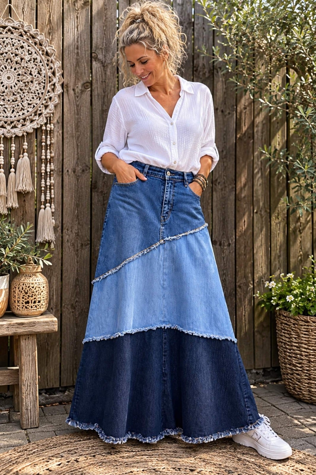 Upcycled Denim Maxi Rok – Boho Patchwork – One of a Kind - 153337 Upcycled Denim Maxi Rok – Boho Patchwork – One of a Kind