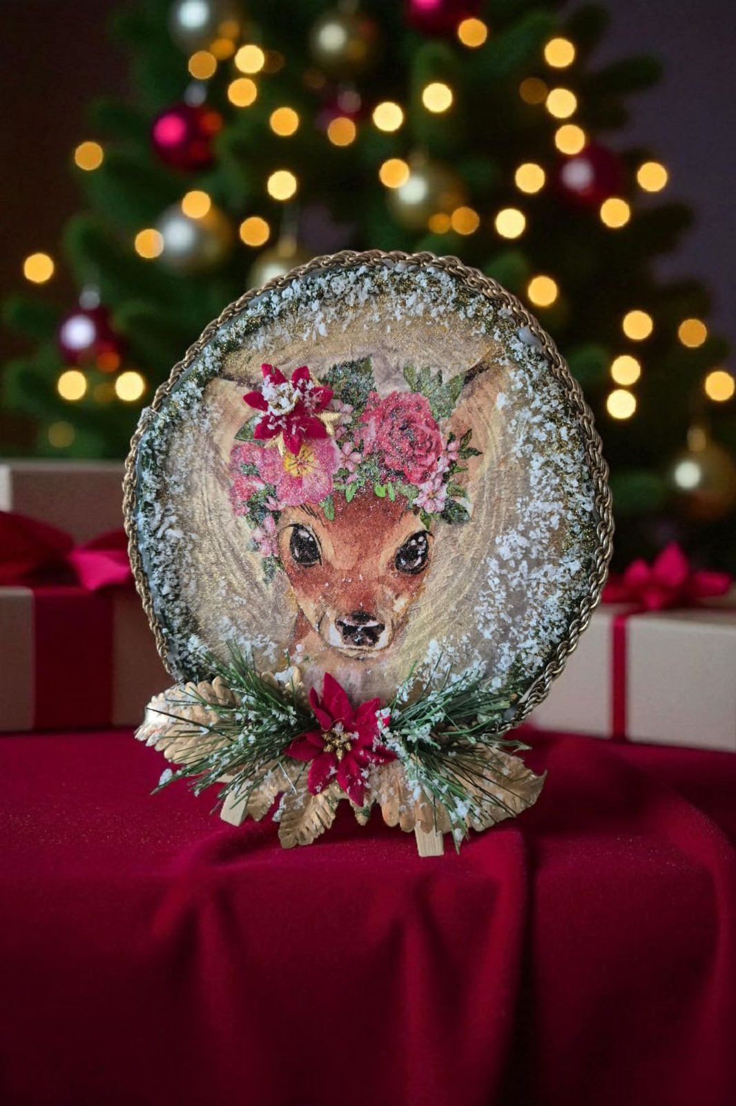 Forest Glow – Handgemaakt Houten Winterbord met Hert Ø15 cm - 153509 Forest Glow – Handgemaakt Houten Winterbord met Hert Ø15 cm