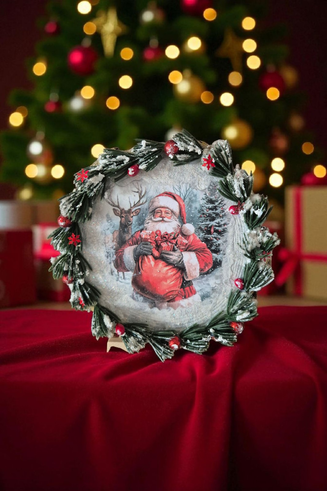 Kerstman in de Sneeuw – Handgemaakt Kerstbord Ø15 cm - 153428 Kerstman in de Sneeuw – Handgemaakt Kerstbord Ø15 cm