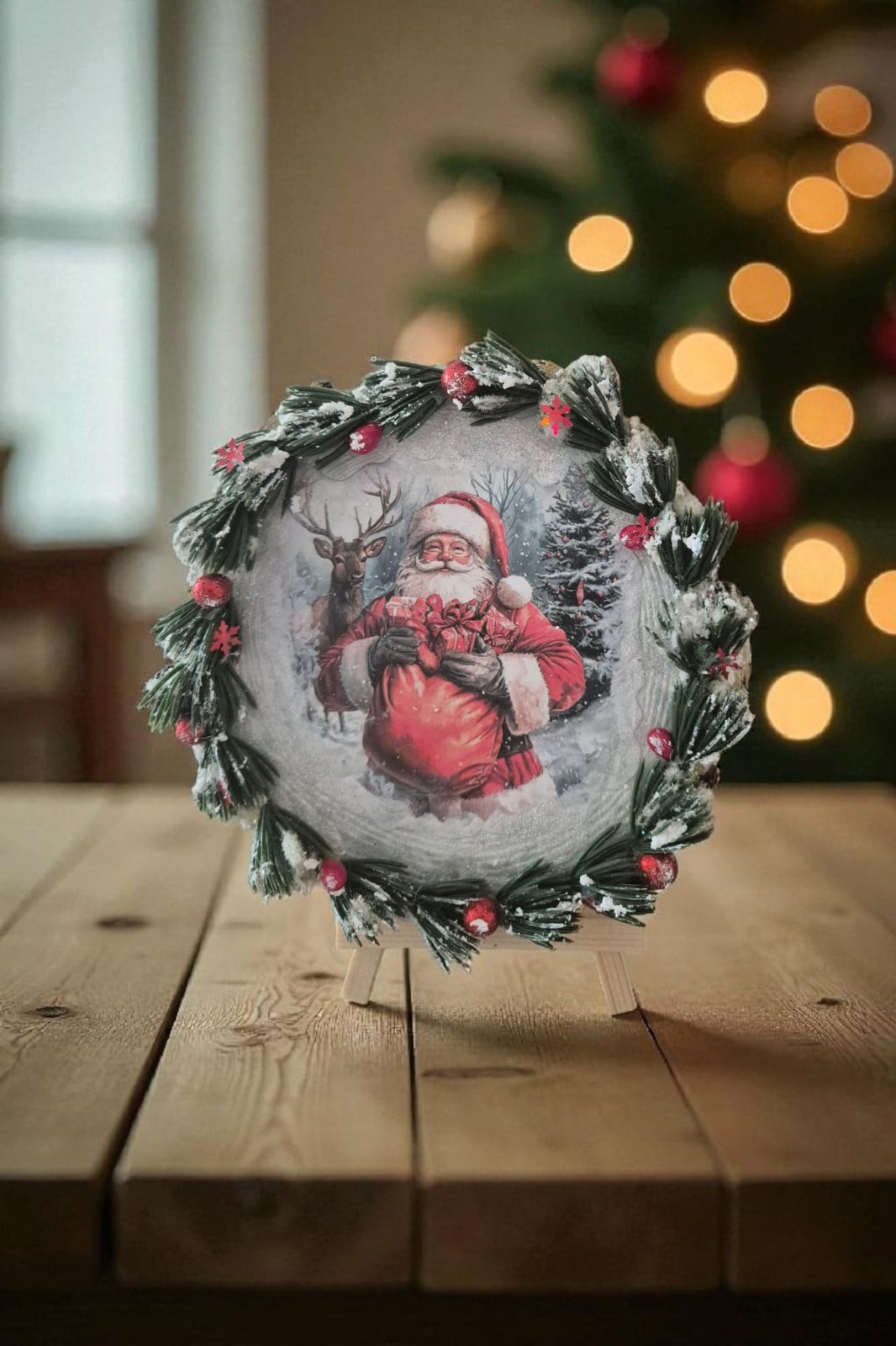 Kerstman in de Sneeuw – Handgemaakt Kerstbord Ø15 cm - 153429 Kerstman in de Sneeuw – Handgemaakt Kerstbord Ø15 cm