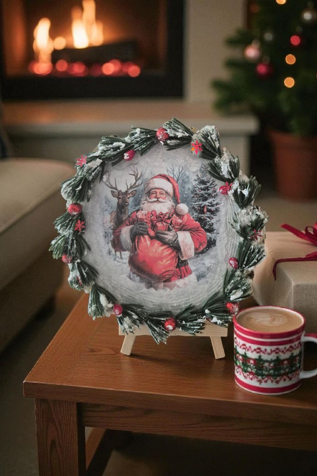 Kerstman in de Sneeuw – Handgemaakt Kerstbord Ø15 cm - 153430 Kerstman in de Sneeuw – Handgemaakt Kerstbord Ø15 cm