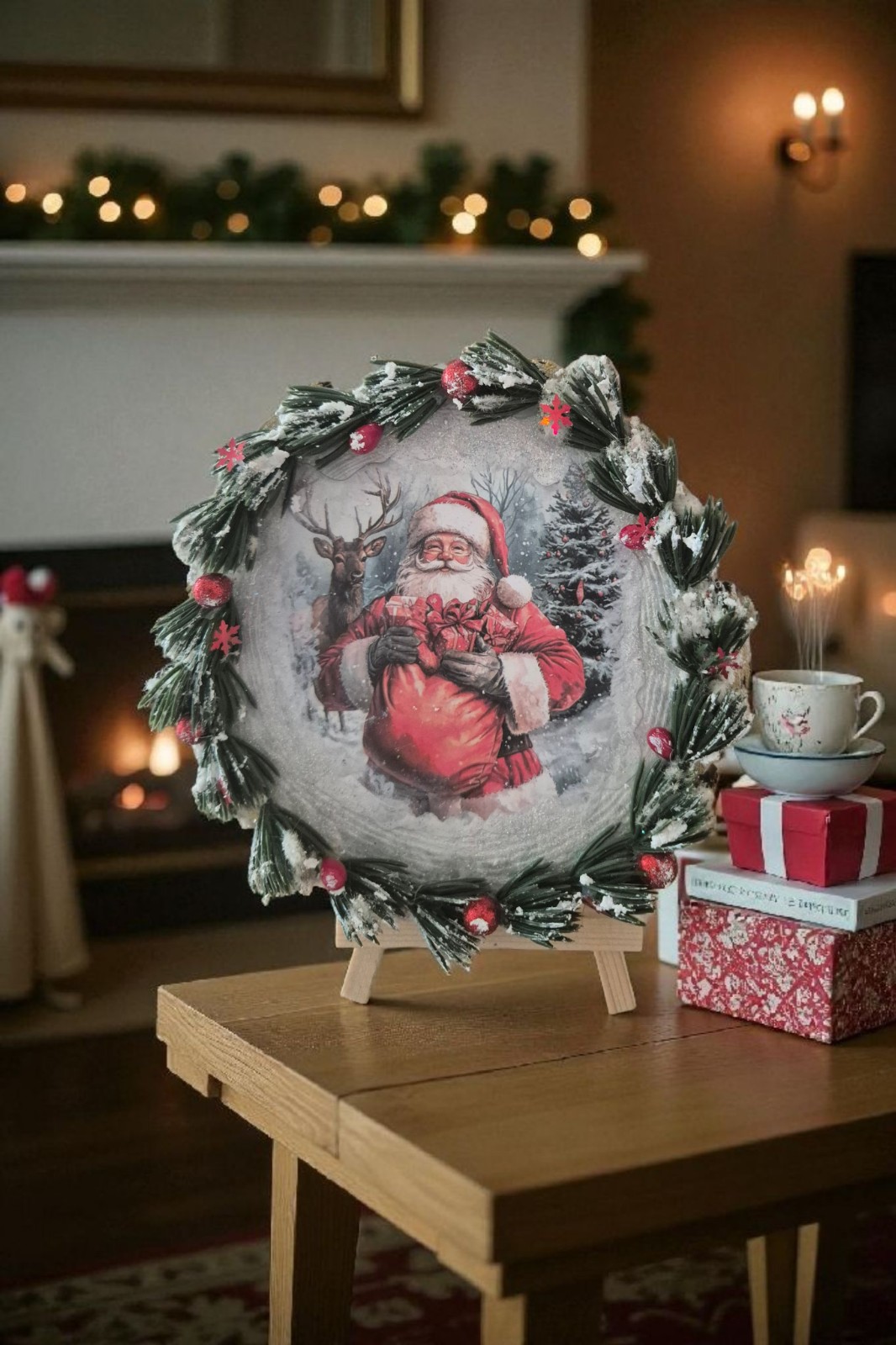 Kerstman in de Sneeuw – Handgemaakt Kerstbord Ø15 cm - 153431 Kerstman in de Sneeuw – Handgemaakt Kerstbord Ø15 cm