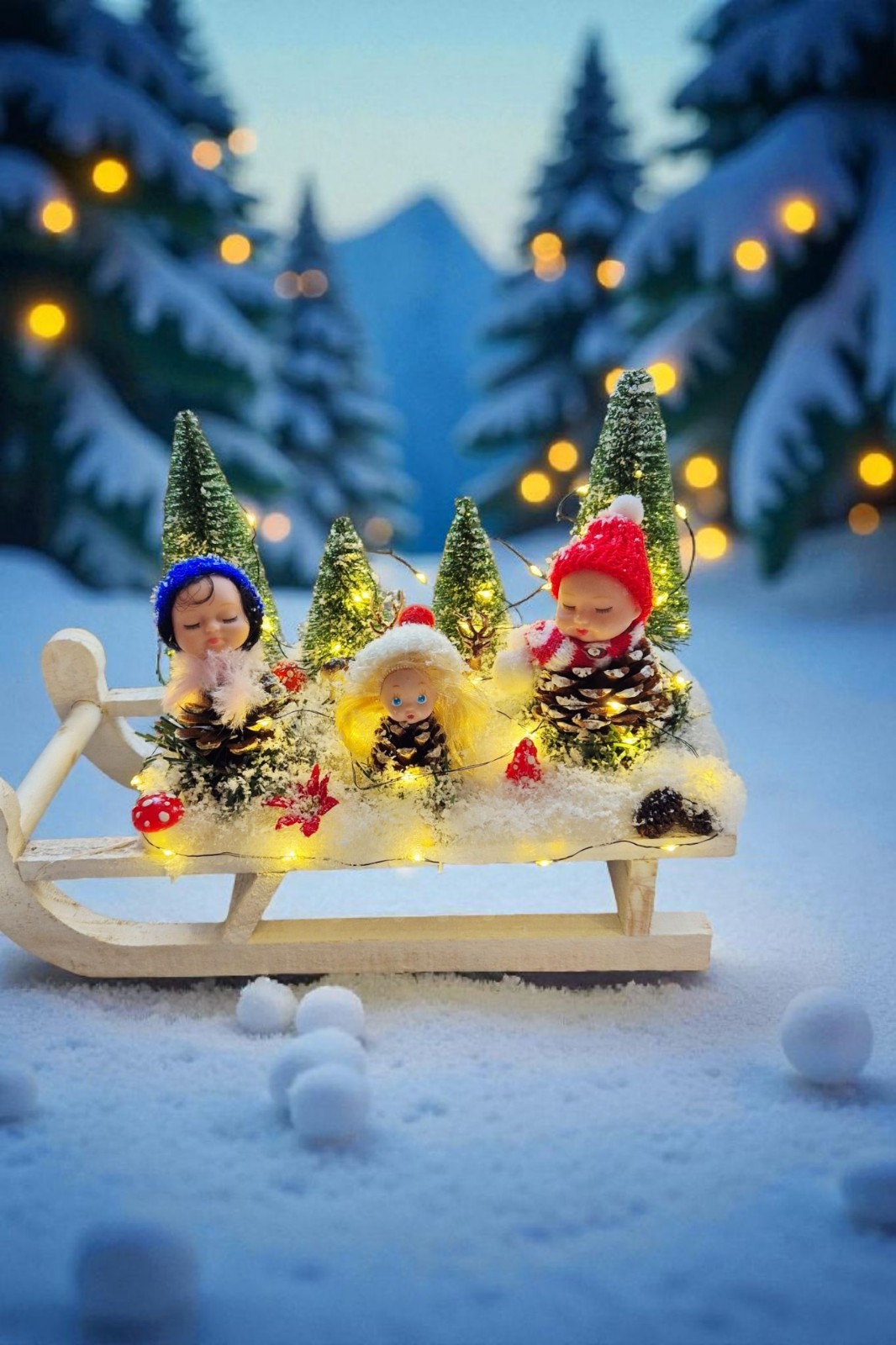 Winterelfjes op de Slee – Handgemaakt Kersttafereel met Verlichting - 153425 Winterelfjes op de Slee – Handgemaakt Kersttafereel met Verlichting