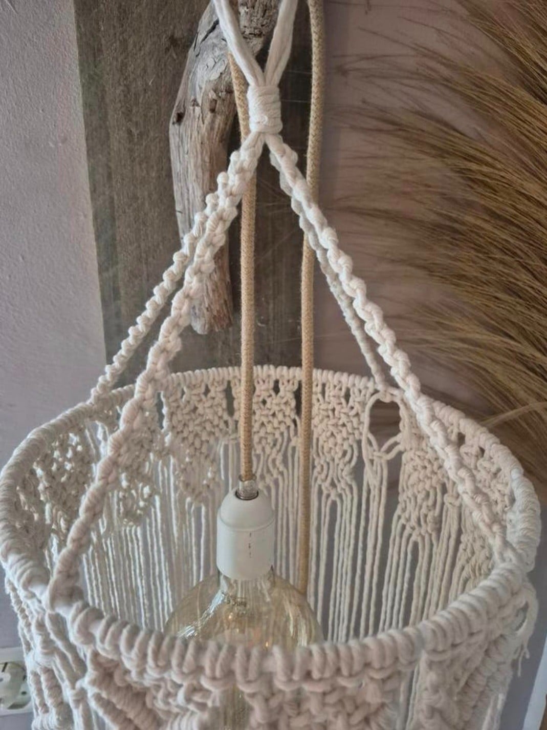 Macrame lampenkap, crèmekleur. - 128453 Macrame lampenkap, crèmekleur.