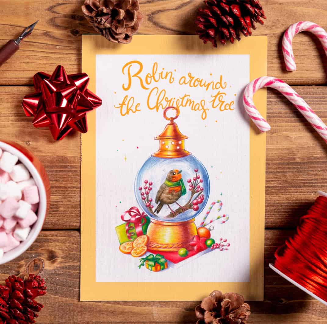 Robin' around the christmas tree kerstkaart A6 gevouwen kaart - 156412 Robin' around the christmas tree kerstkaart A6 gevouwen kaart
