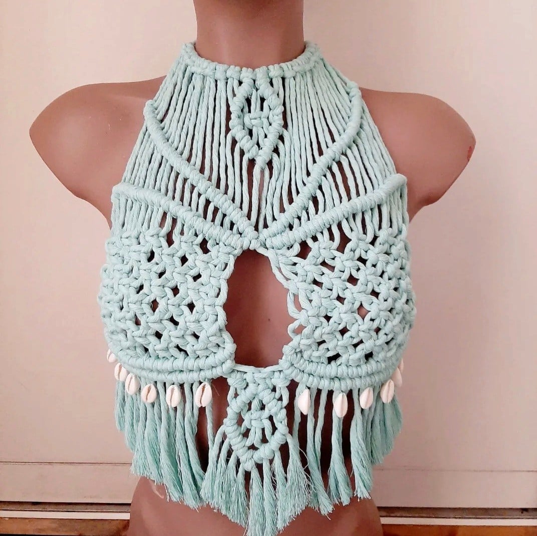 Macrame topje, turquoise. - 127928 Macrame topje, turquoise.