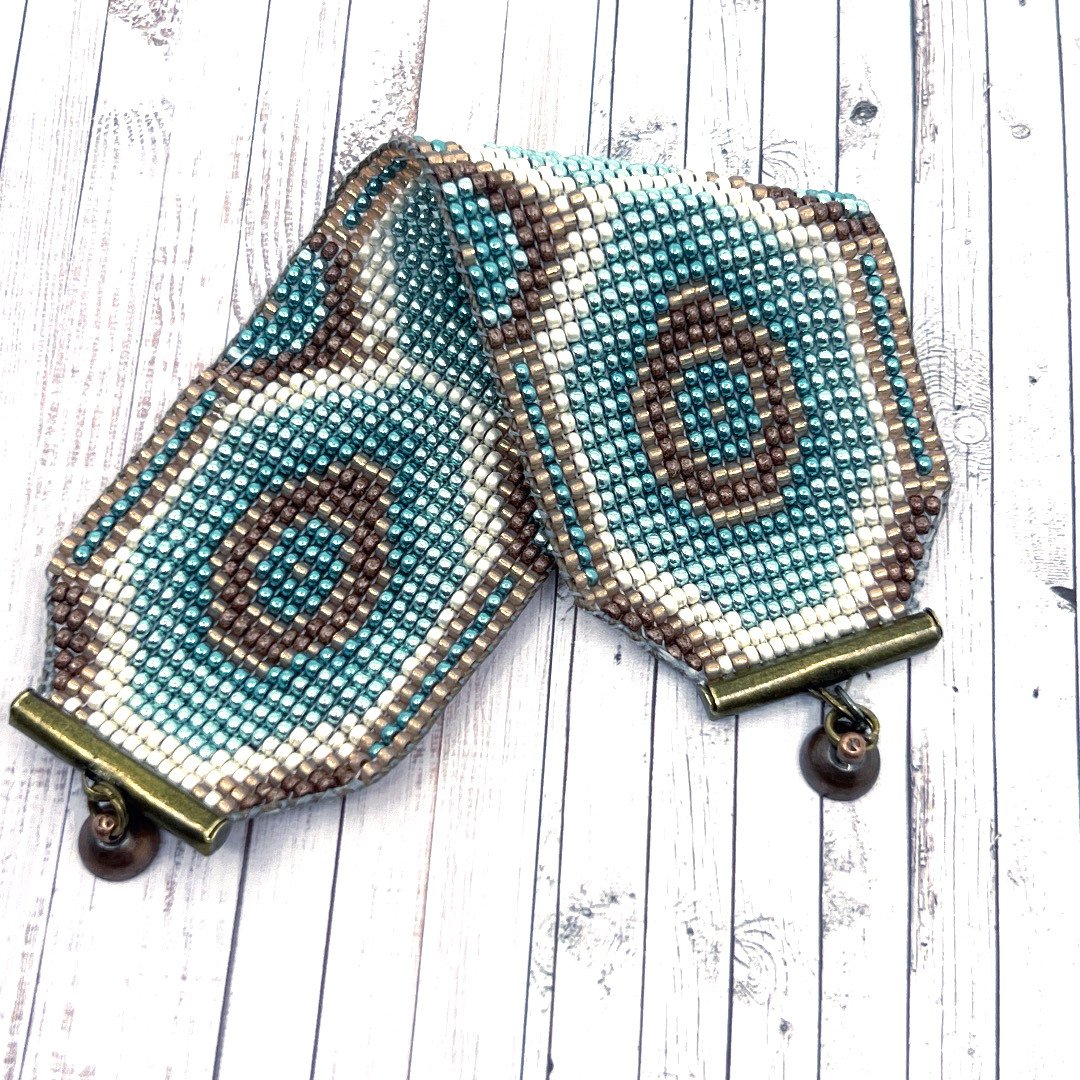 Weef armband met Miyuki kralen | Turquoise - Bruin - Rose -Goudkleurig