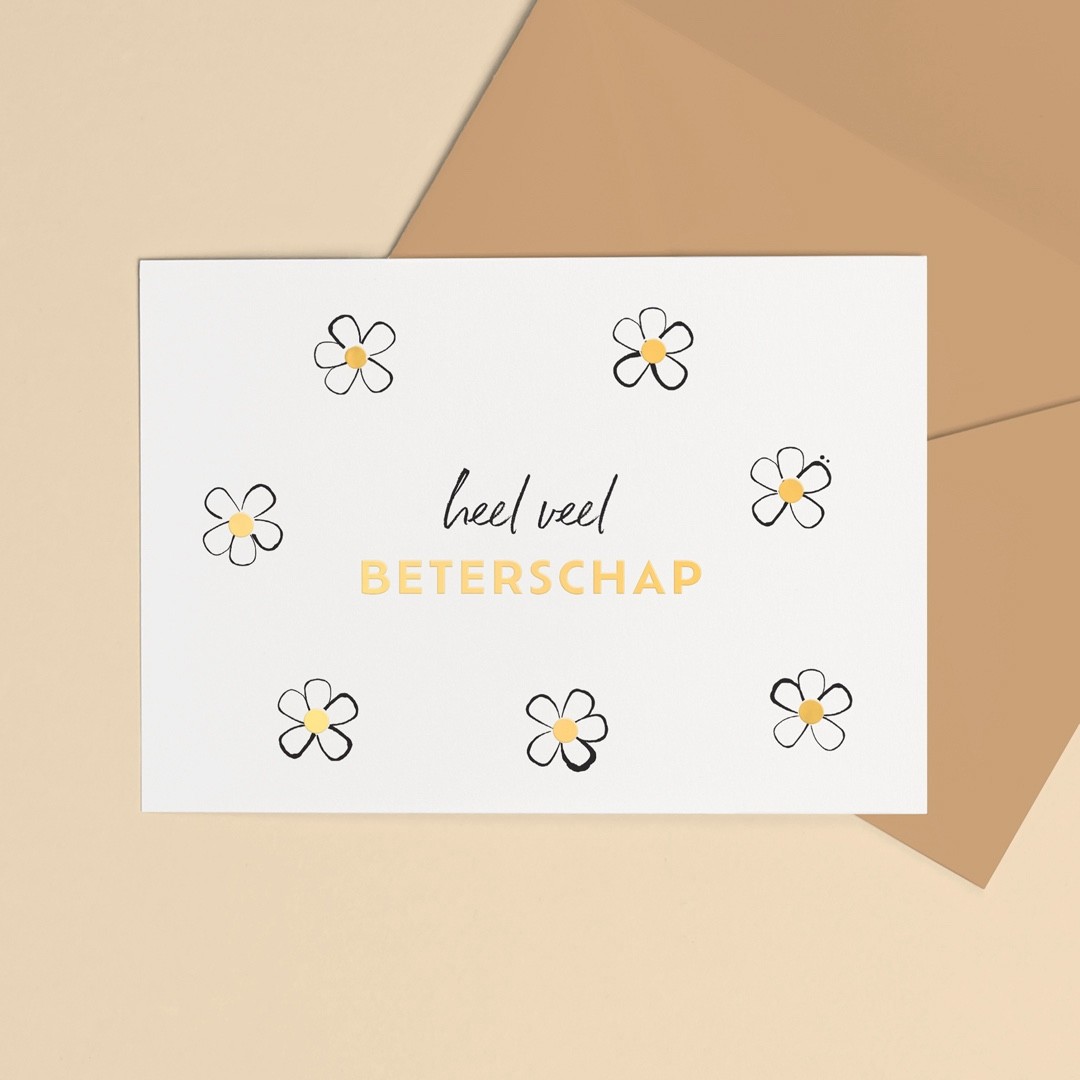 Goudfolie kaart Van harte beterschap bloemen