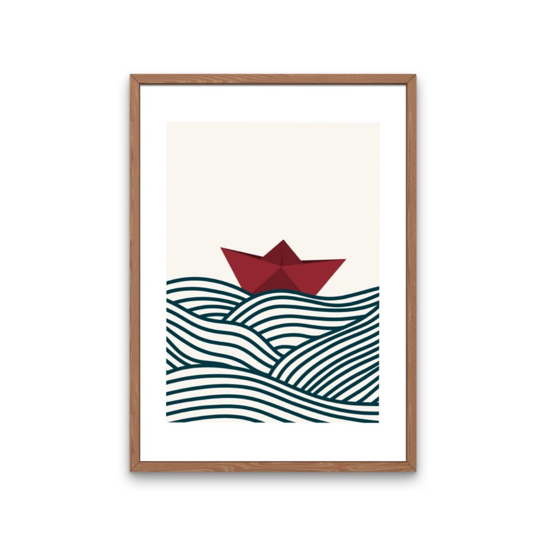 Rood bootje op golven kunstprint – rustgevende zee illustratie | A4 poster 21x30 cm