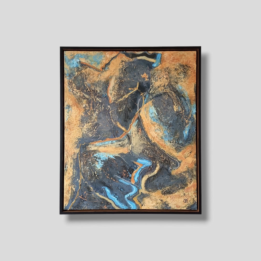 Abstract mixed media schilderij - blauw geel