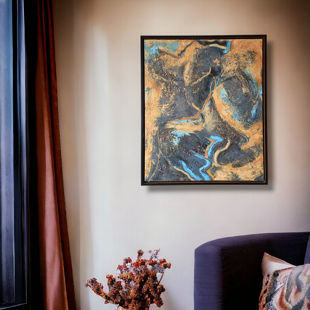 Abstract mixed media schilderij - blauw geel