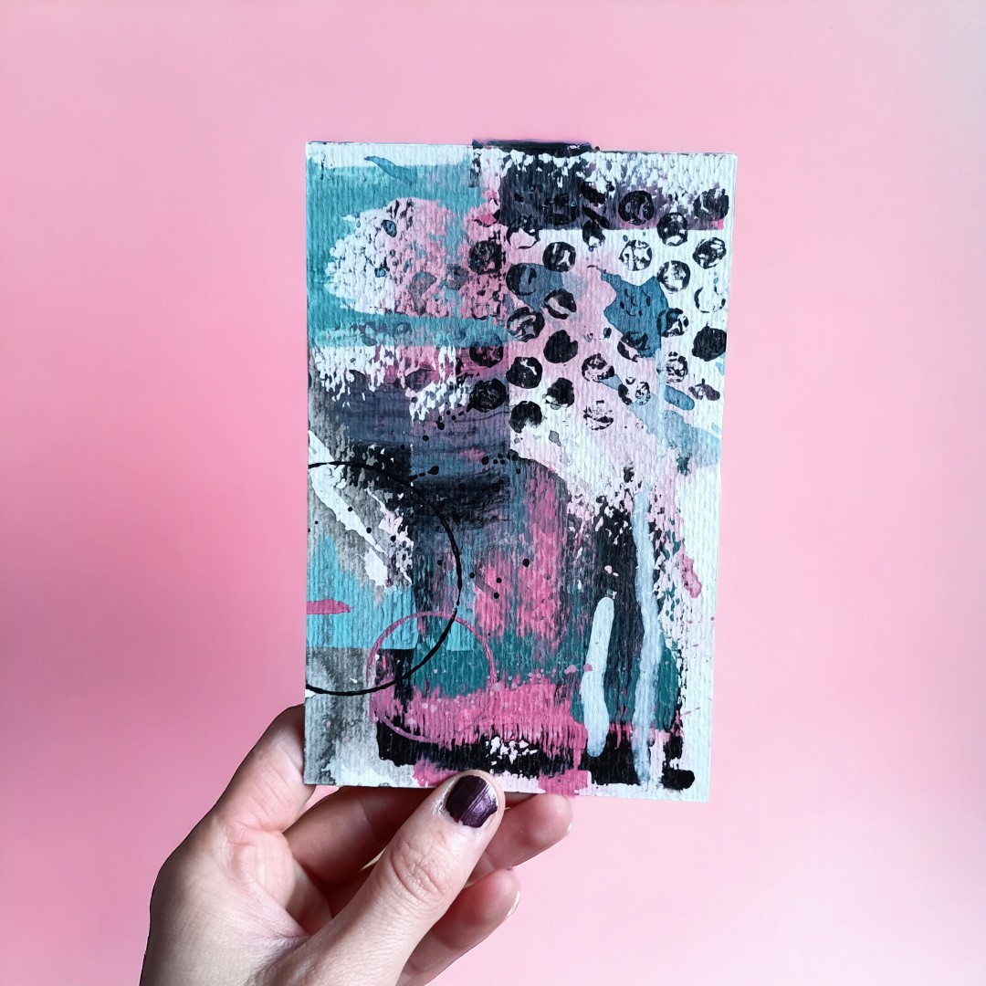 Kunstkaart - mini schilderij - roze groen klein - 90240 Kunstkaart - mini schilderij - roze groen klein