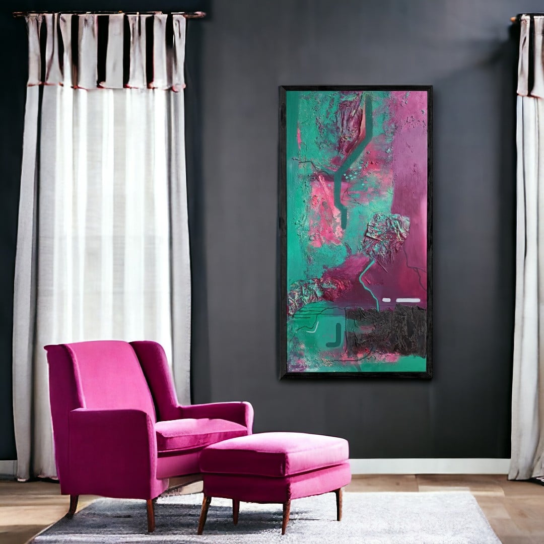 Mixed media abstract schilderij - roze groen