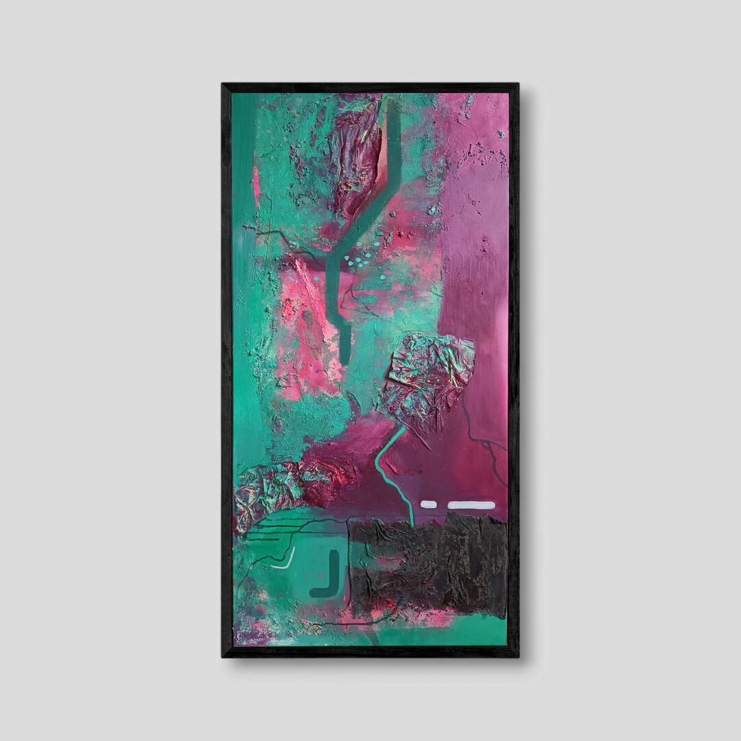 Mixed media abstract schilderij - roze groen