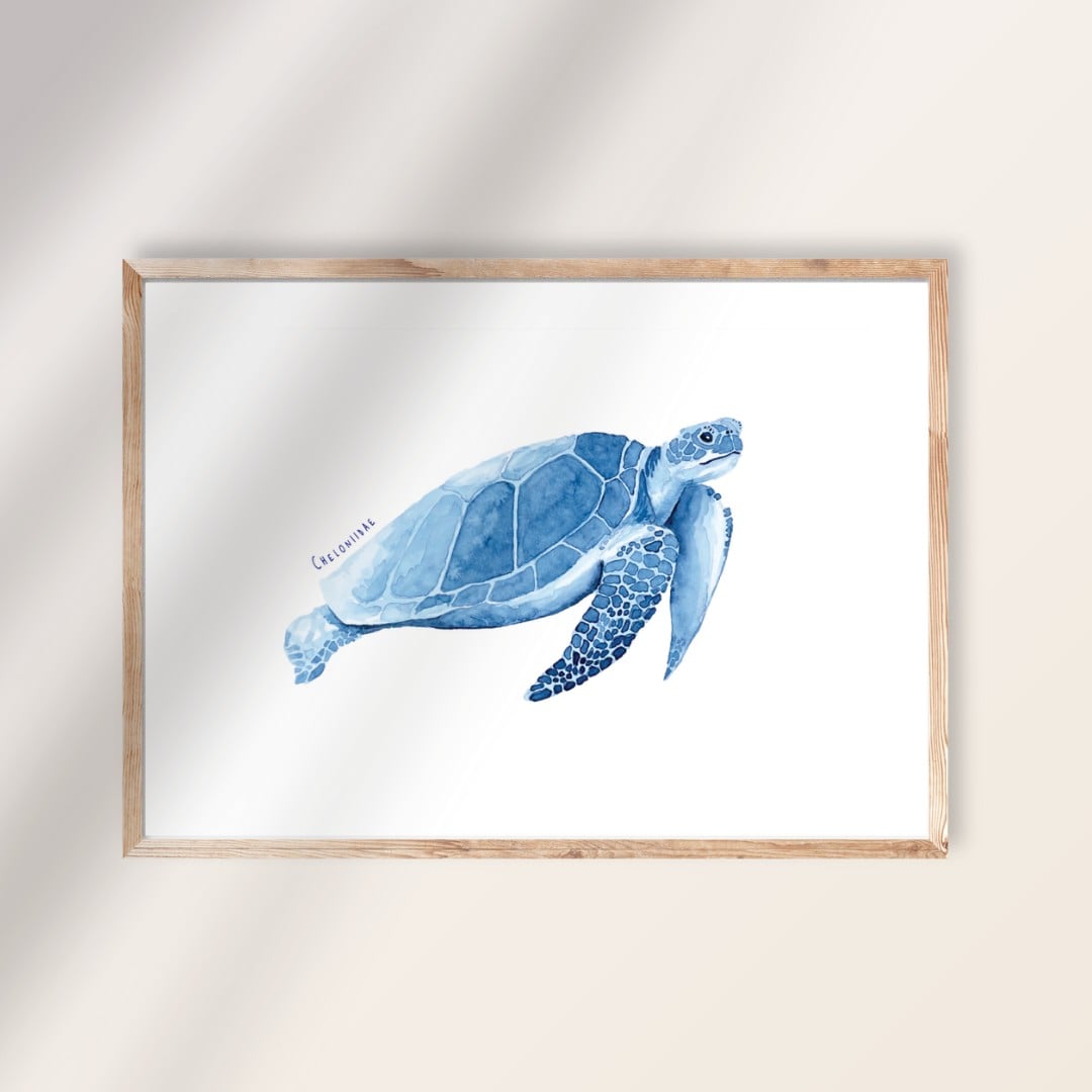 Poster - Zeeschildpad in Delfts blauw aquarel