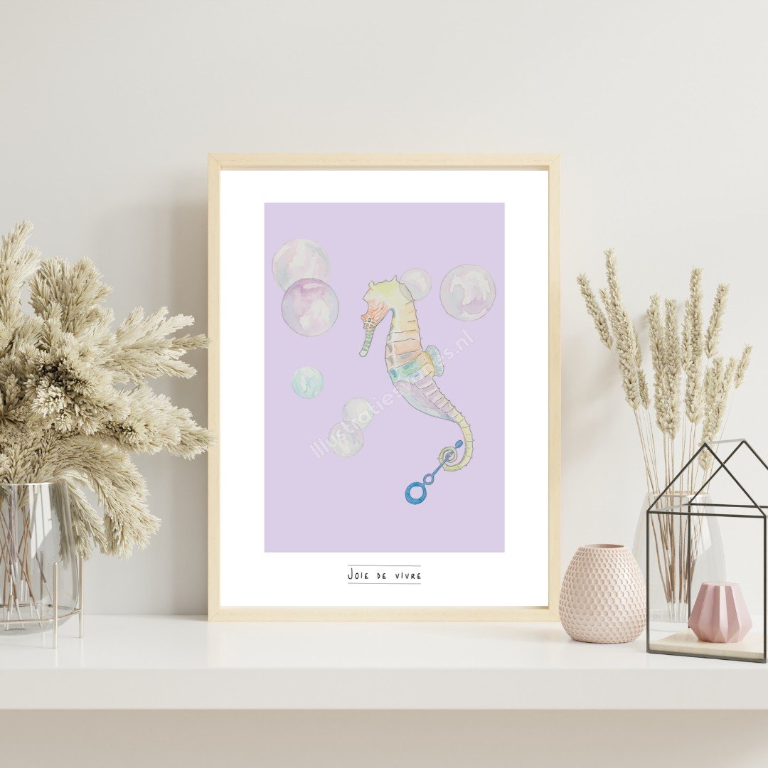 Poster – Zeepaardje met zeepbellen, Joie de vivre illustratie - 98087 Poster – Zeepaardje met zeepbellen, Joie de vivre illustratie